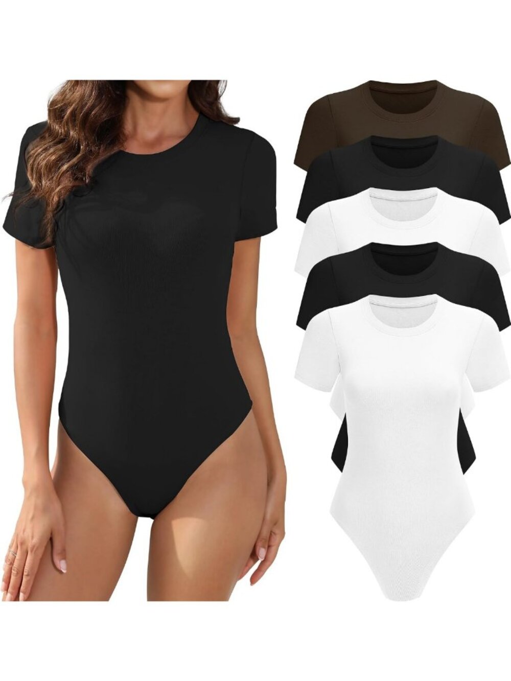5 Pack Women's Short Sleeve Bodysuits - Basic Round Neck Tops for Everyday Wear